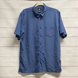 L Quiksilver Blue, Black and White Plaid Button-Down Shirt